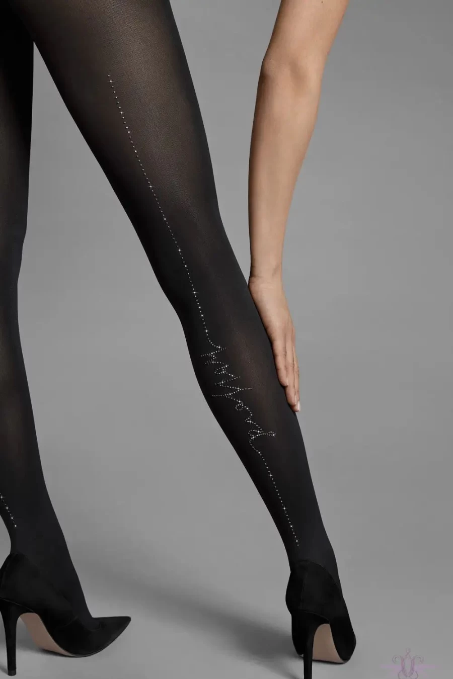 Sexproducts Black/Silver Crystal Logo Script Tights - Luxury Sheer Hosiery